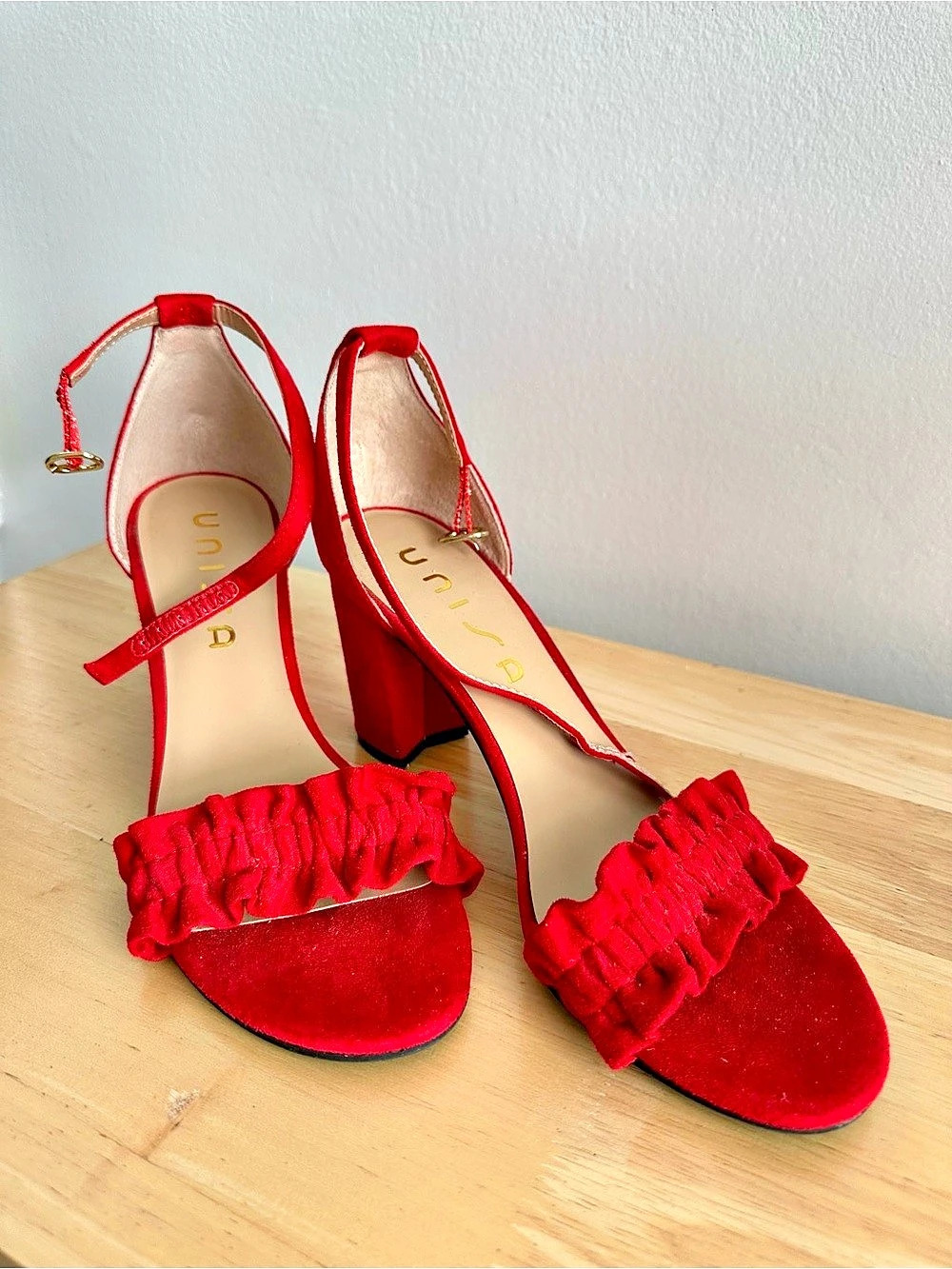Bold Red Suede Ruffle Heeled Sandals 8.5